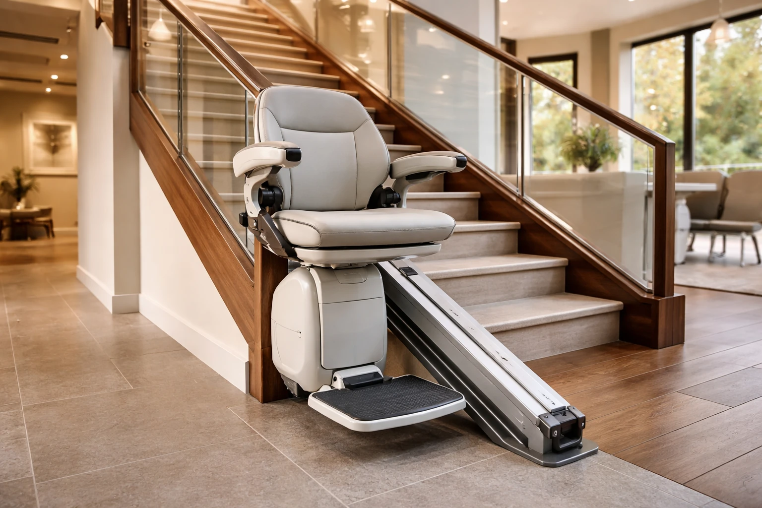How a straight stair lift operates on a residential staircase